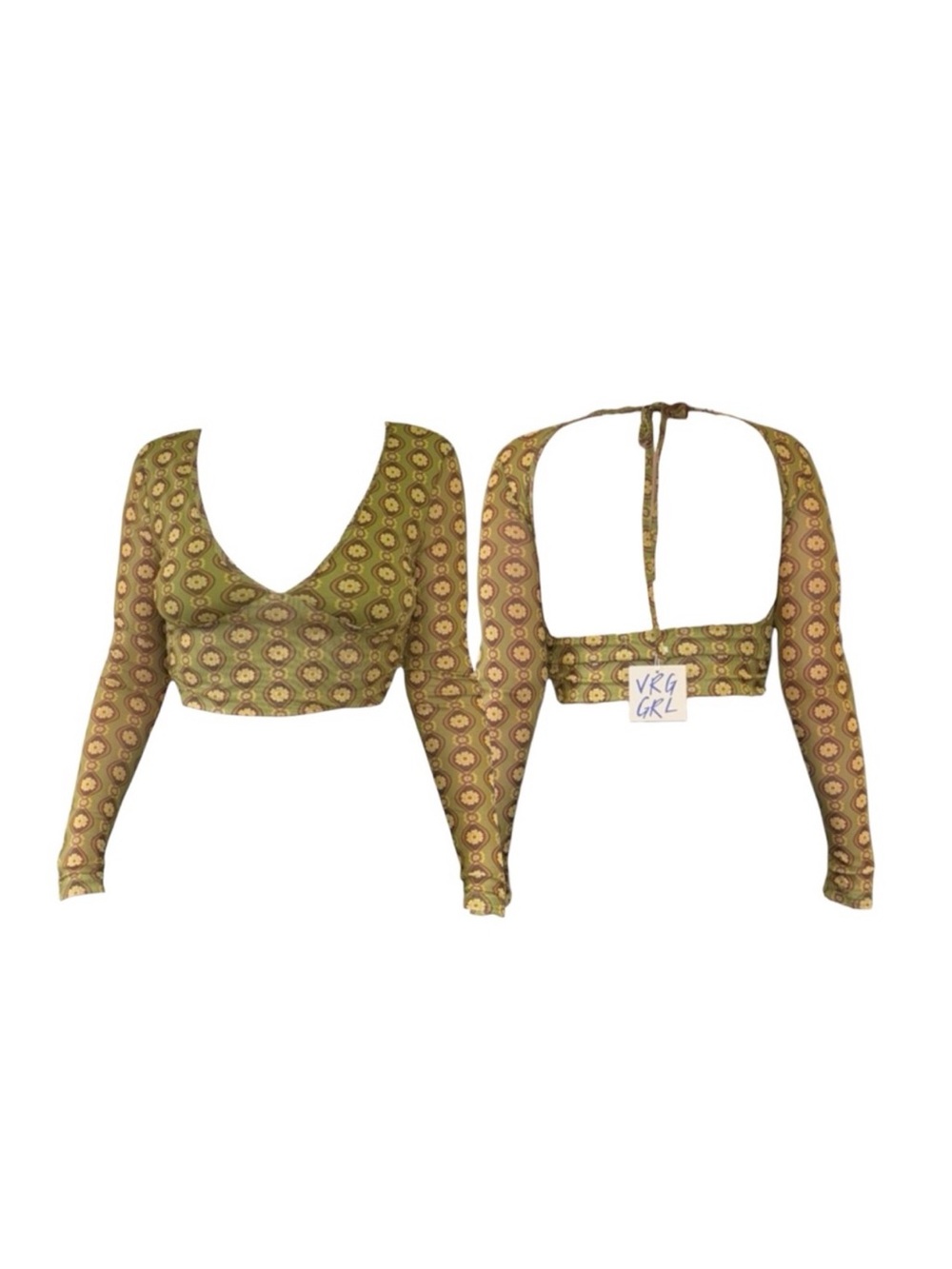 Verge Girl Olive Green Printed Long Sleeve Crop Top